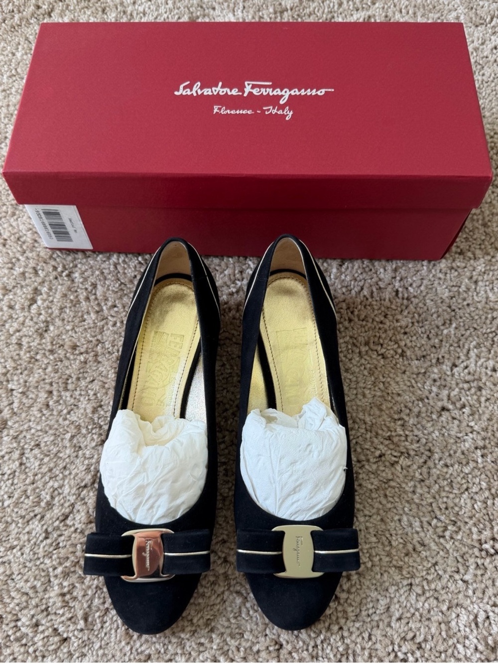 Salvatore Ferragamo Black Suede Vara Bow Pumps